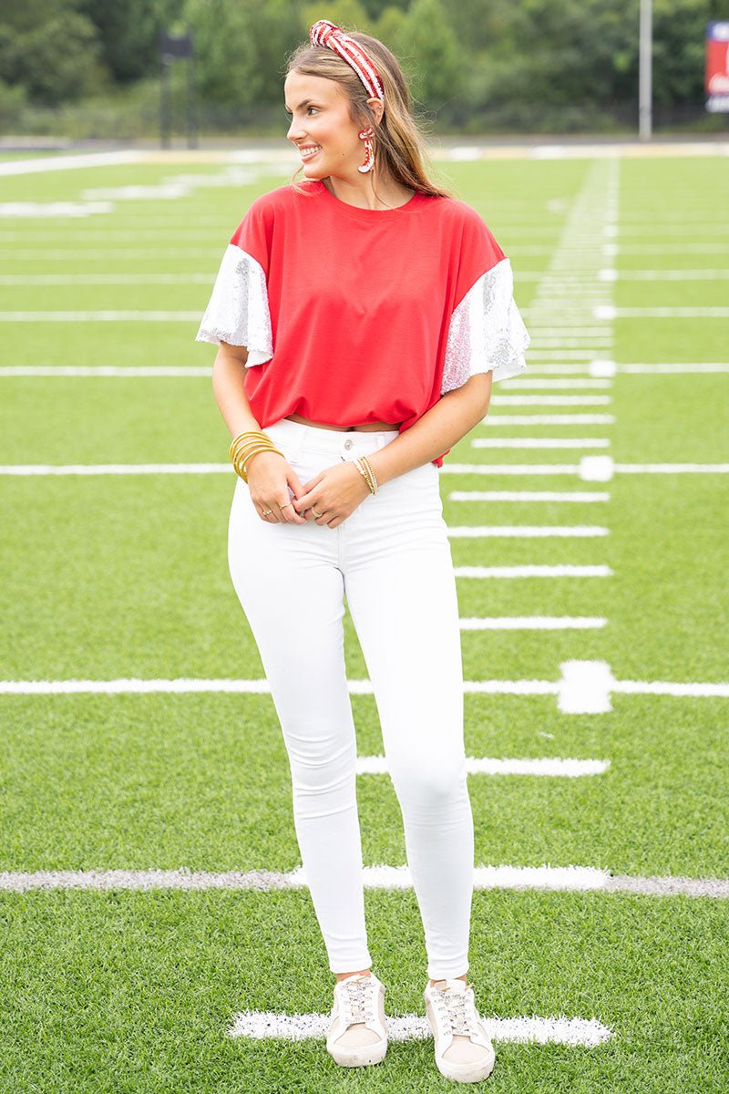 PRE-ORDER! Winning Season Red and White Sequin Sleeve Shirt **EXPECTED SHIP DATE 9/5** - Wholesale Accessory Market