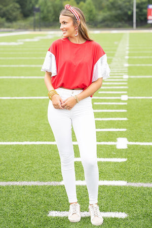 PRE-ORDER! Winning Season Red and White Sequin Sleeve Shirt **EXPECTED SHIP DATE 9/5** - Wholesale Accessory Market