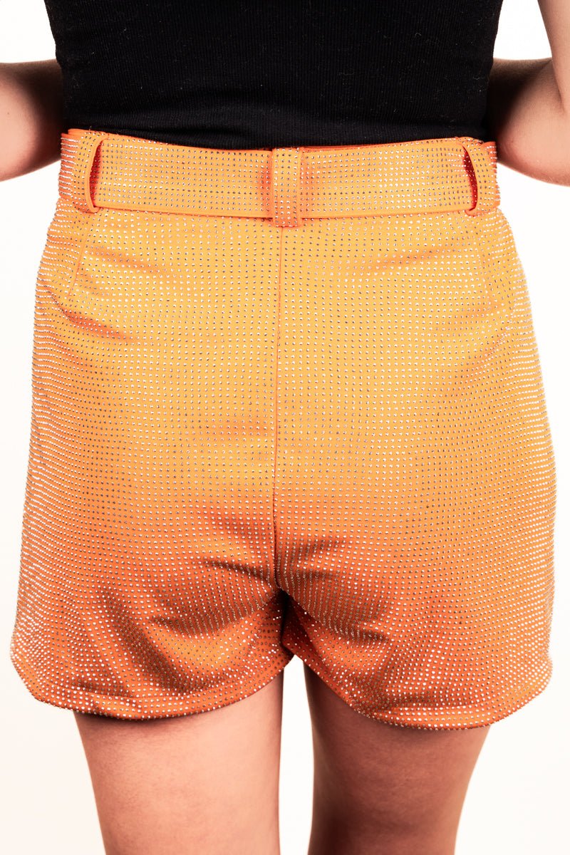 PRE-ORDER! Saturday Shimmer Orange Crystal Belted Shorts **EXPECTED SHIP DATE 9/5** - Wholesale Accessory Market