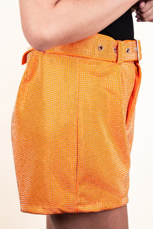 PRE-ORDER! Saturday Shimmer Orange Crystal Belted Shorts **EXPECTED SHIP DATE 9/5** - Wholesale Accessory Market