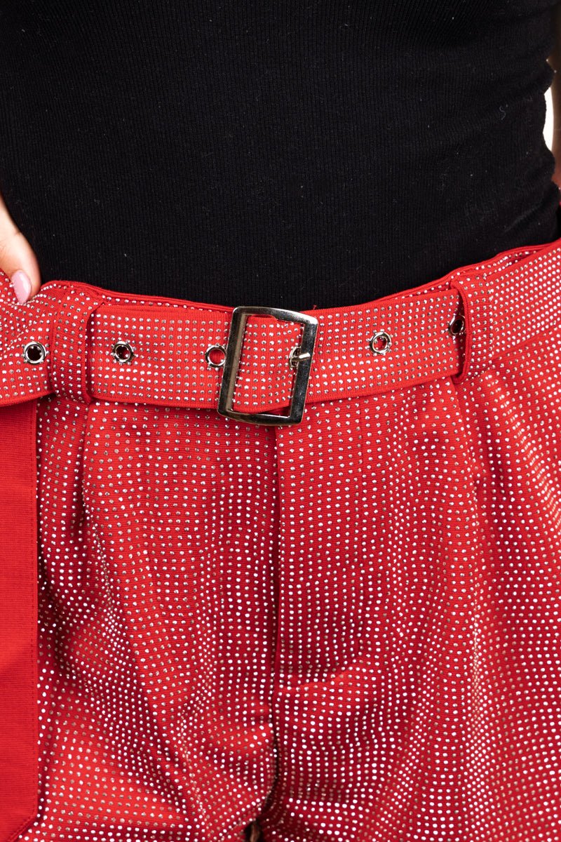 PRE-ORDER! Saturday Shimmer Red Crystal Belted Shorts **EXPECTED SHIP DATE 9/5** - Wholesale Accessory Market