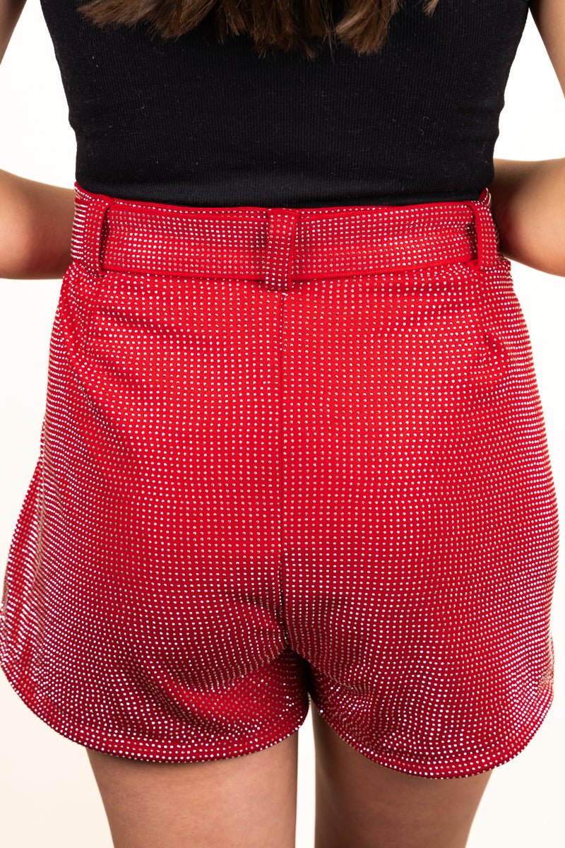 PRE-ORDER! Saturday Shimmer Red Crystal Belted Shorts **EXPECTED SHIP DATE 9/5** - Wholesale Accessory Market