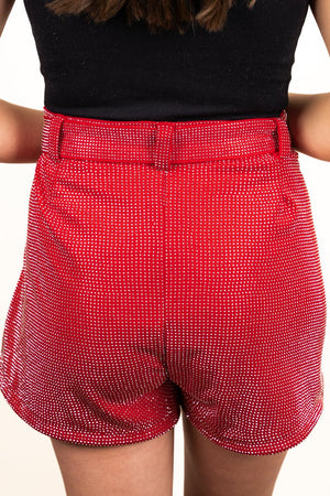 PRE-ORDER! Saturday Shimmer Red Crystal Belted Shorts **EXPECTED SHIP DATE 9/5** - Wholesale Accessory Market