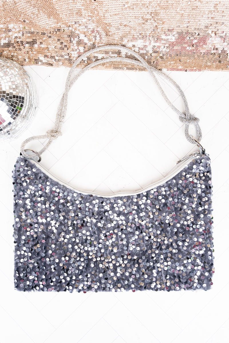 CAN I GET IT EMBELLISHED TOP HANDLE PURSE IN SILVER