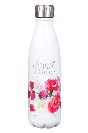 Be Still & Know White Floral 17oz Stainless Steel Water Bottle - Wholesale Accessory Market