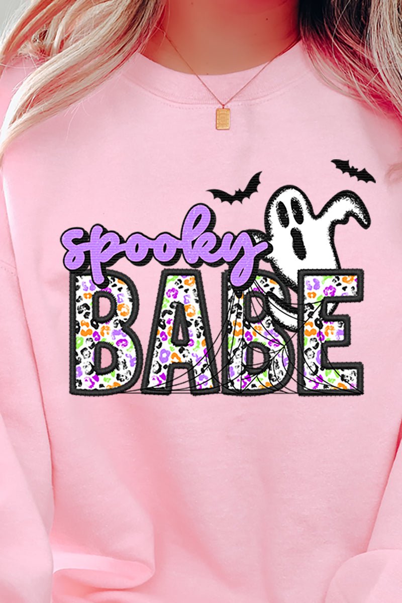 Faux Embroidery Spooky Babe Heavy-weight Crew Sweatshirt - Wholesale Accessory Market