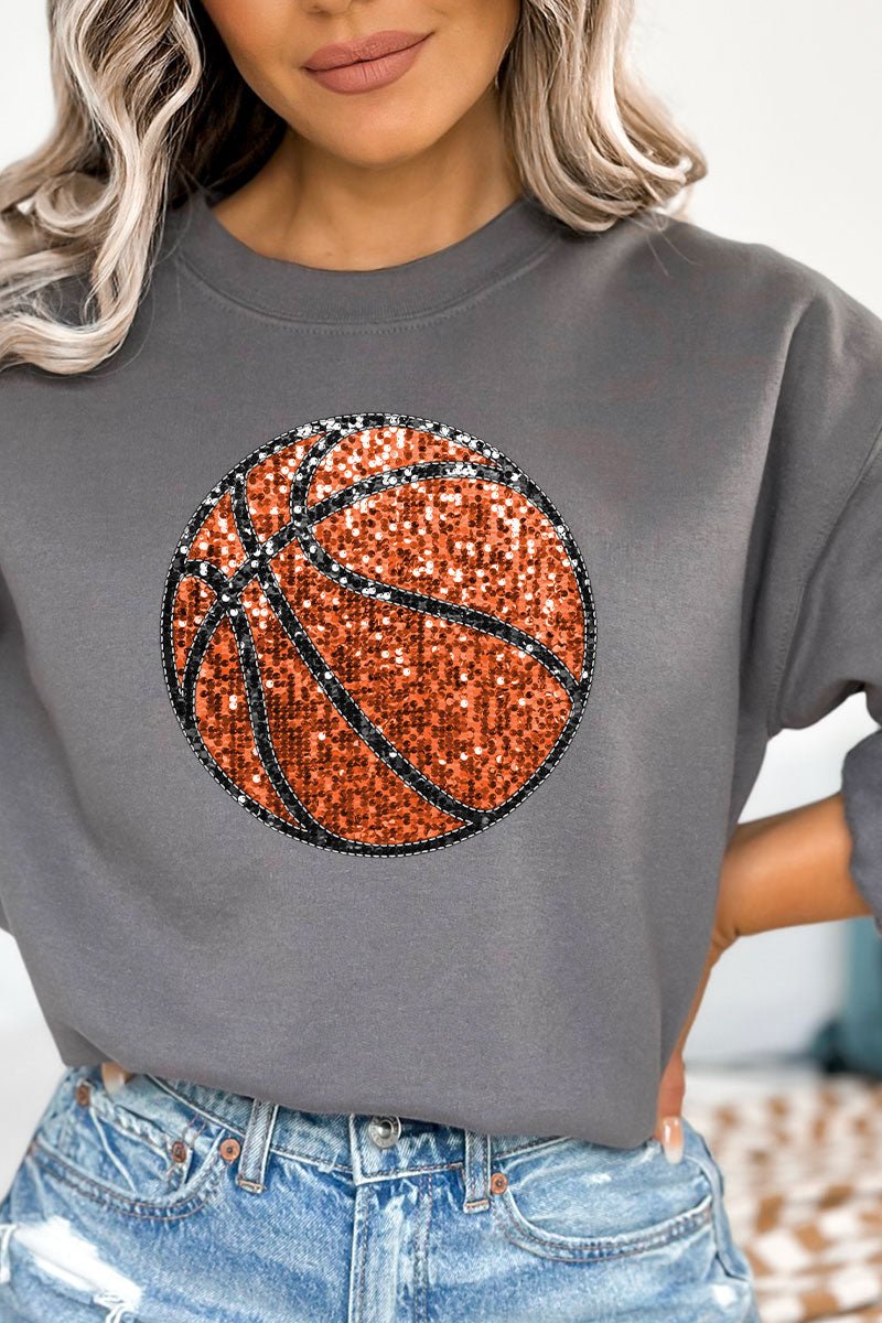 Faux Sequin Basketball Transfer Heavy-weight Crew Sweatshirt - Wholesale Accessory Market