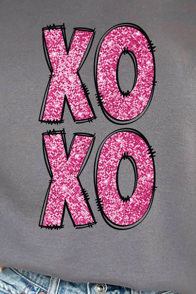 Faux Sequin Pink Stacked XOXO Transfer Heavy-weight Crew Sweatshirt - Wholesale Accessory Market