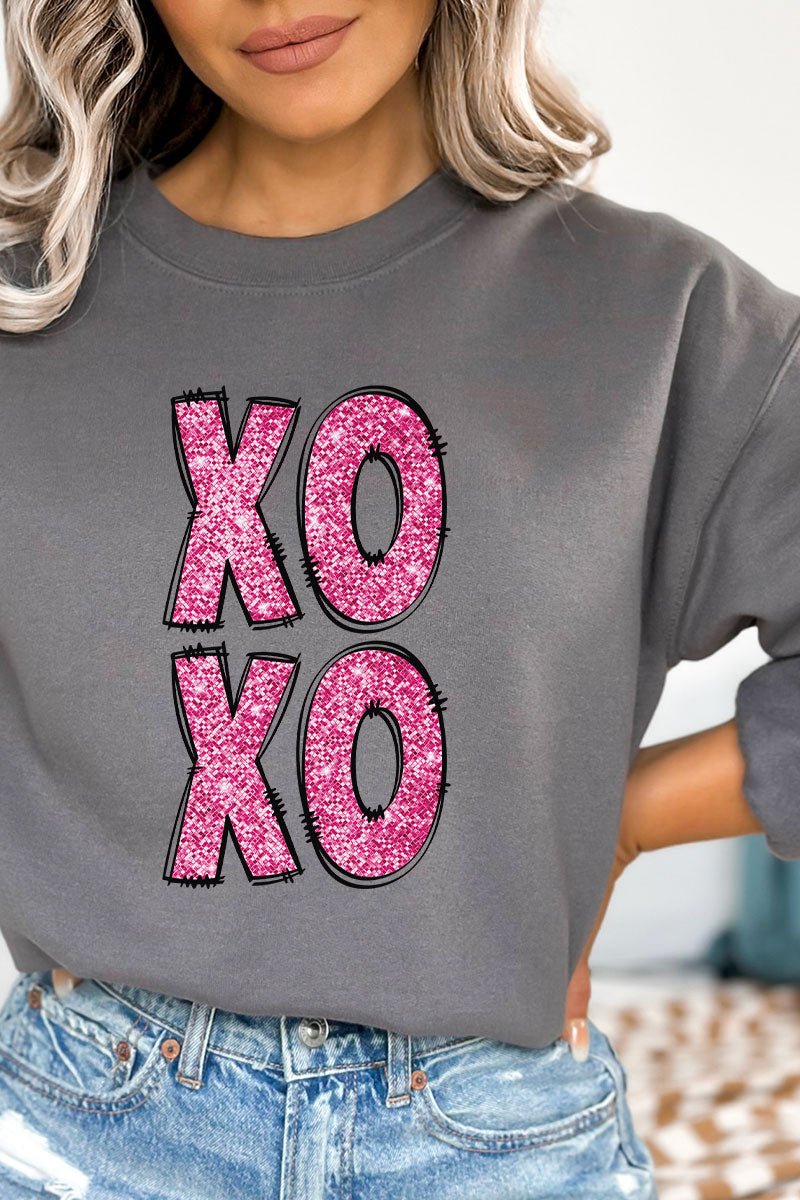 Faux Sequin Pink Stacked XOXO Transfer Heavy-weight Crew Sweatshirt - Wholesale Accessory Market