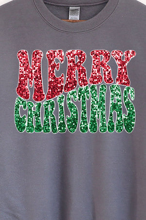 Faux Sequin Retro Merry Christmas Transfer Heavy-weight Crew Sweatshirt - Wholesale Accessory Market