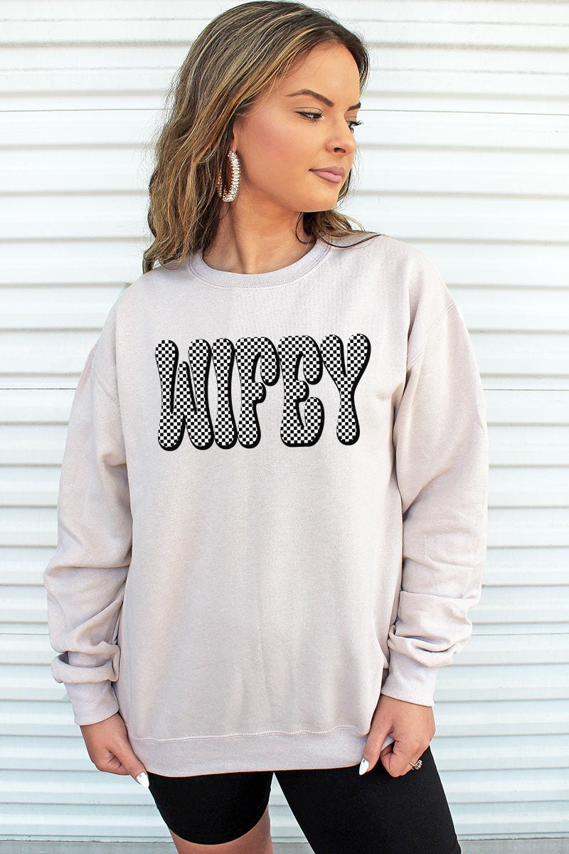 Retro Checkered Wifey Heavy-weight Crew Sweatshirt - Wholesale Accessory Market