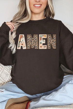 Boho Amen Faux Embroidery Transfer Heavy-weight Crew Sweatshirt - Wholesale Accessory Market