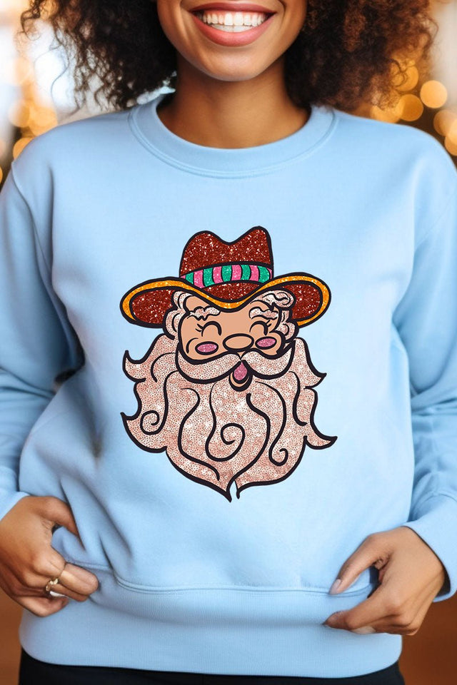 Faux Sequin Cowboy Santa Transfer Heavy-weight Crew Sweatshirt - Wholesale Accessory Market