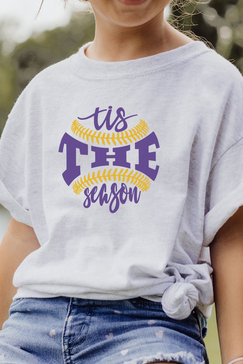 Youth Tis The Season Baseball Purple and Gold Dri-Power 50/50 T-Shirt - Wholesale Accessory Market