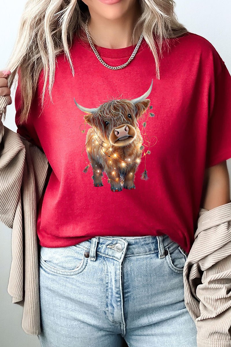 Caught In Lights Highland Cow Short Sleeve Relaxed Fit T-Shirt - Wholesale Accessory Market