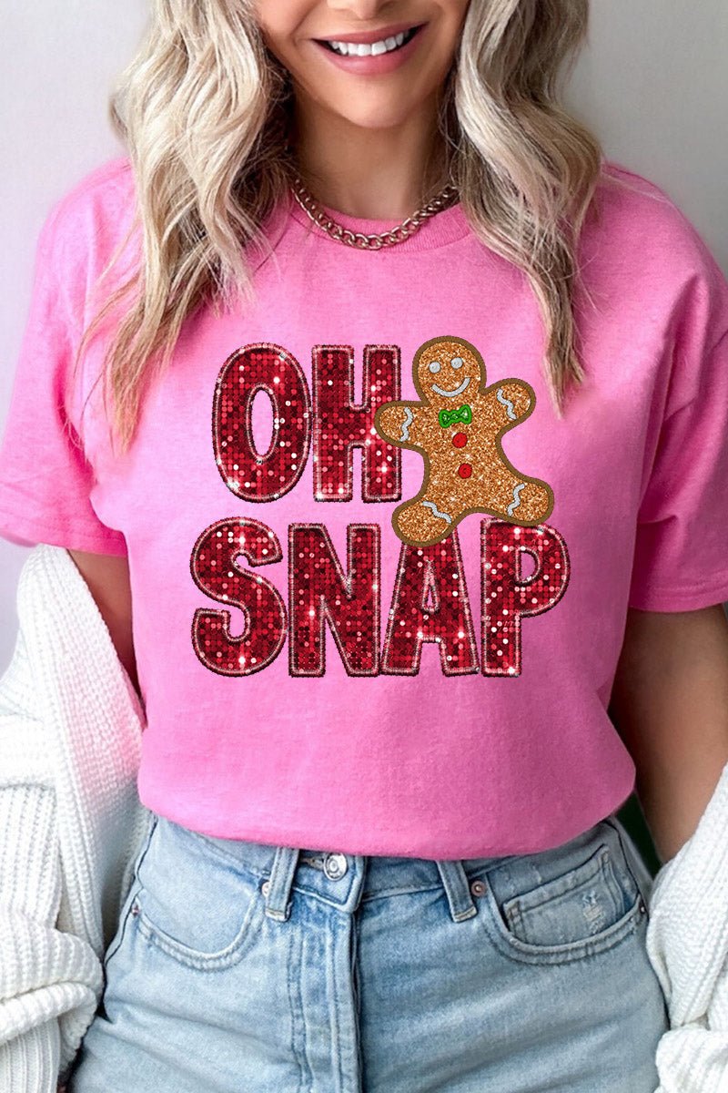 Faux Sequin Oh Snap Gingerbread Transfer Short Sleeve Relaxed Fit T-Shirt - Wholesale Accessory Market