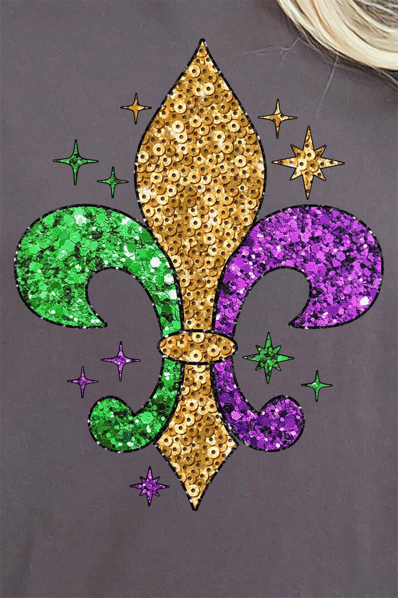 Mardi Gras Fleur De Lis Faux Sequin Transfer Short Sleeve Relaxed Fit T-Shirt - Wholesale Accessory Market