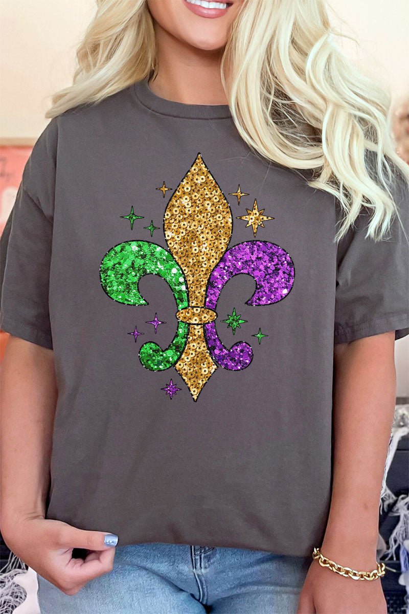 Mardi Gras Fleur De Lis Faux Sequin Transfer Short Sleeve Relaxed Fit T-Shirt - Wholesale Accessory Market