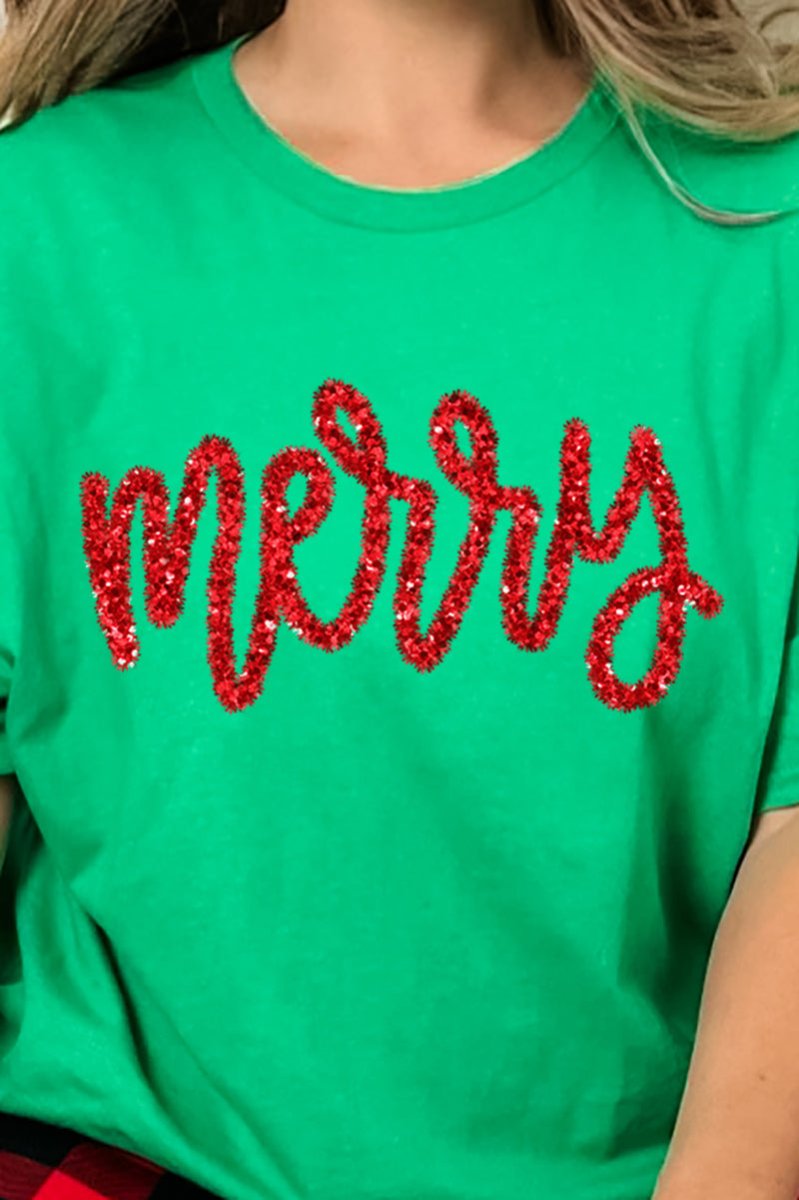 Merry Script Faux Tinsel Transfer Short Sleeve Relaxed Fit T-Shirt - Wholesale Accessory Market