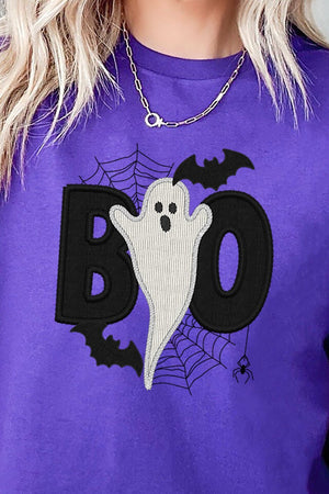 Boo Ghost Faux Embroidery Short Sleeve Relaxed Fit T-Shirt - Wholesale Accessory Market