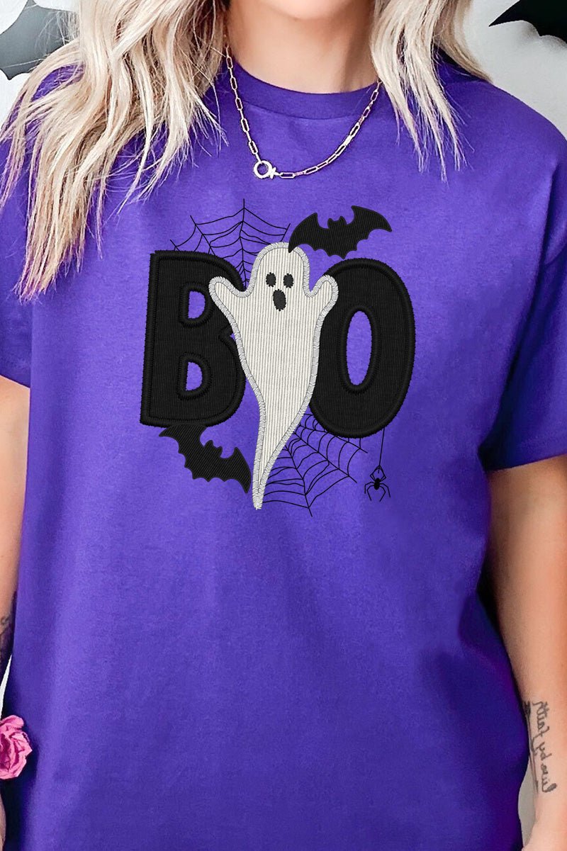 Boo Ghost Faux Embroidery Short Sleeve Relaxed Fit T-Shirt - Wholesale Accessory Market