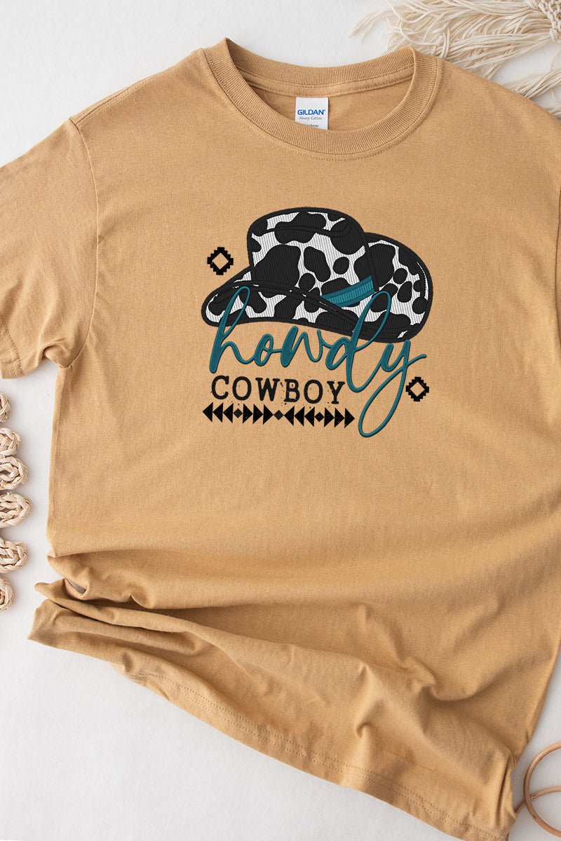 Faux Embroidery Howdy Cowboy Transfer Short Sleeve Relaxed Fit T-Shirt - Wholesale Accessory Market