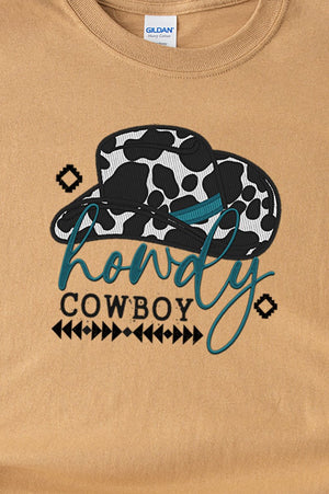 Faux Embroidery Howdy Cowboy Transfer Short Sleeve Relaxed Fit T-Shirt - Wholesale Accessory Market