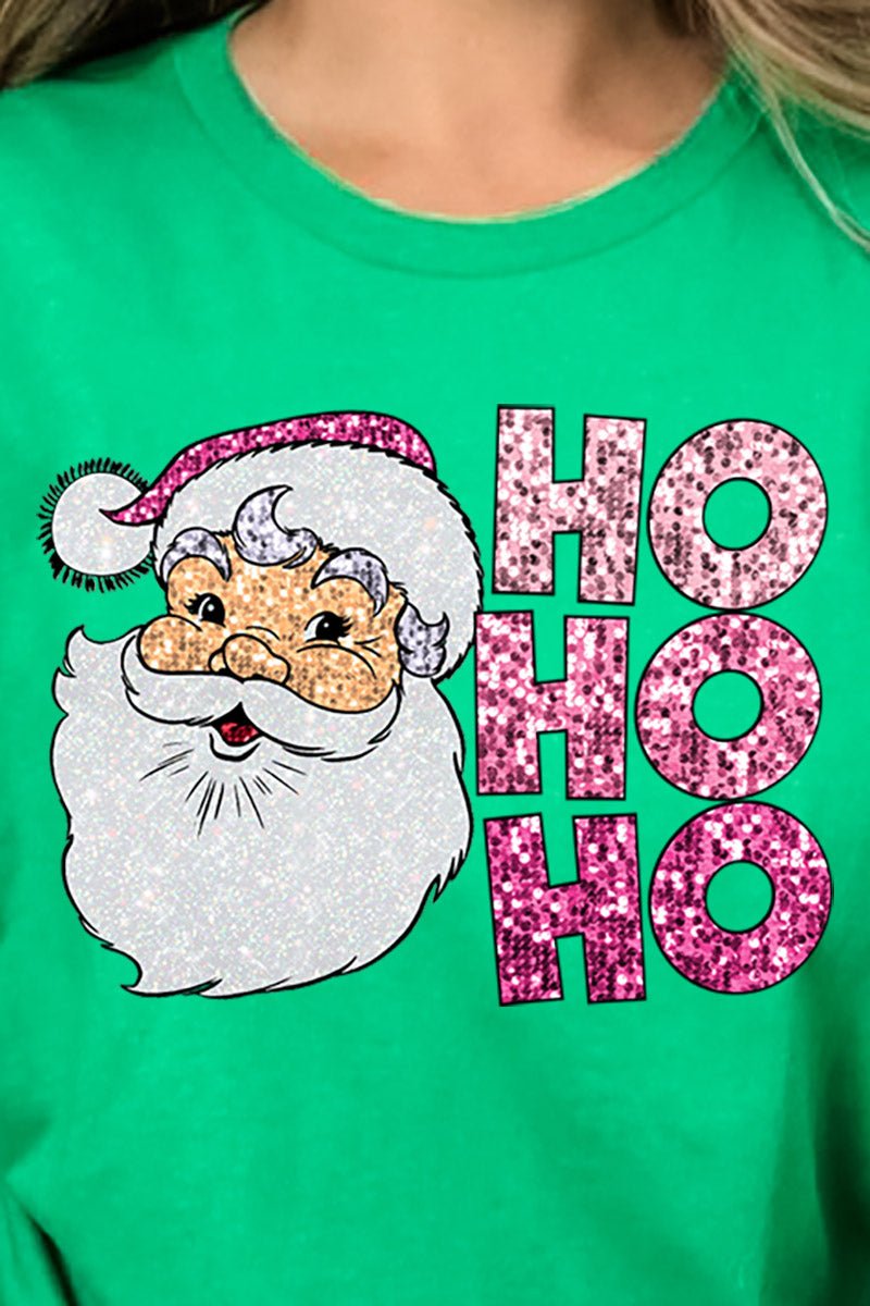 Faux Sequin Ho Ho Ho Santa Transfer Short Sleeve Relaxed Fit T-Shirt - Wholesale Accessory Market