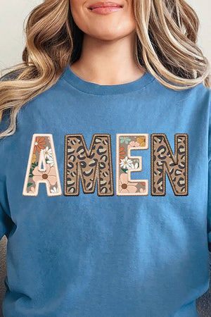 Boho Amen Faux Embroidery Transfer Short Sleeve Relaxed Fit T-Shirt - Wholesale Accessory Market