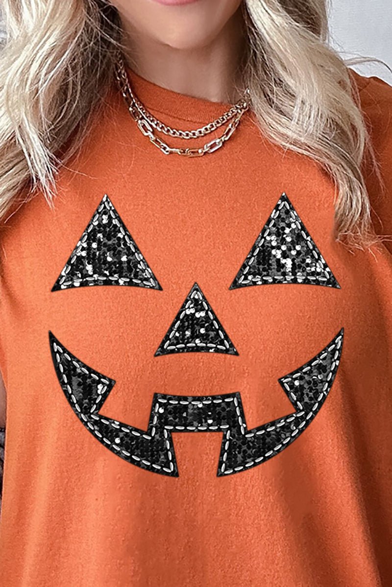 Faux Sequin Pumpkin Face Short Sleeve Relaxed Fit T-Shirt - Wholesale Accessory Market