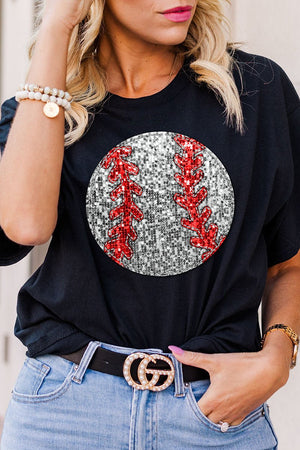 Baseball Faux Sequin Transfer Short Sleeve Relaxed Fit T-Shirt - Wholesale Accessory Market