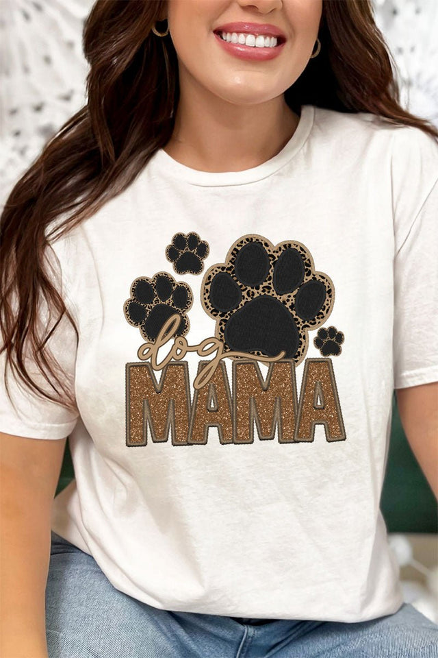 Faux Embroidery Dog Mama Transfer Short Sleeve Relaxed Fit T-Shirt - Wholesale Accessory Market