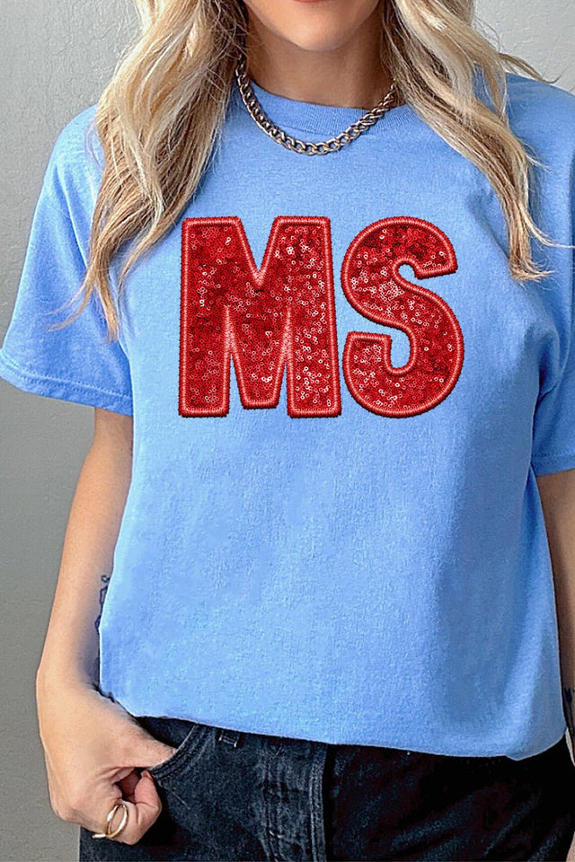 Faux Sequin Transfer Red MS Short Sleeve Relaxed Fit T-Shirt - Wholesale Accessory Market