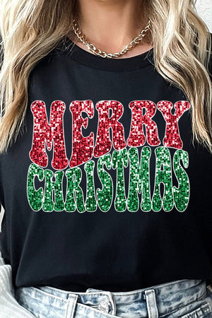 Faux Sequin Retro Merry Christmas Transfer Short Sleeve Relaxed Fit T-Shirt - Wholesale Accessory Market