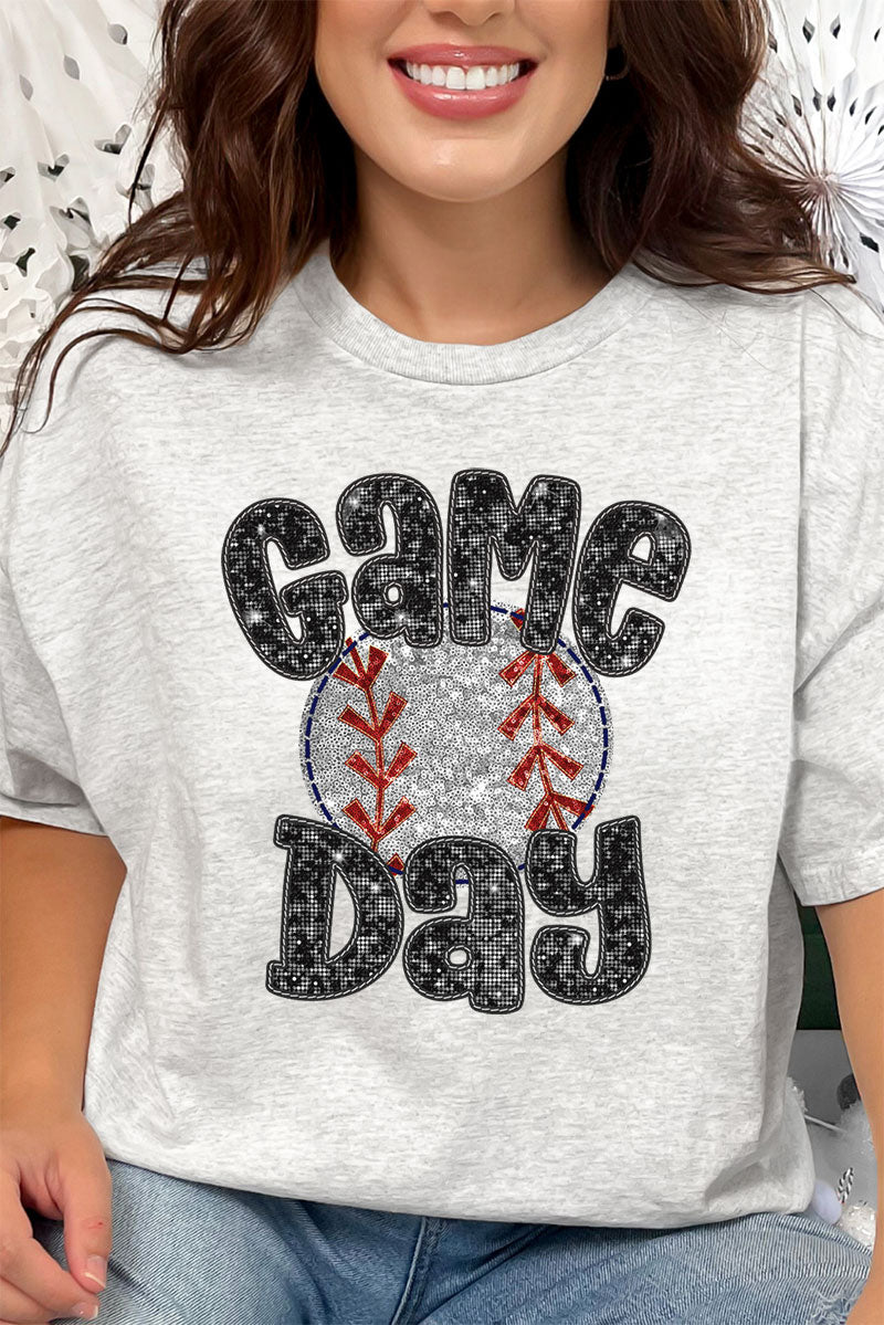 HPV Game Day Baseball Faux Sequin Transfer Short Sleeve Relaxed Fit T Shirt HH 5XL Ash G