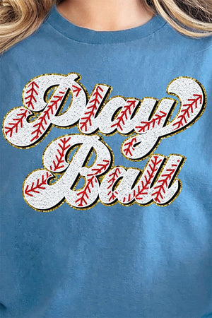 Play Ball Baseball Faux Chenille Patch Transfer Short Sleeve Relaxed Fit T-Shirt - Wholesale Accessory Market