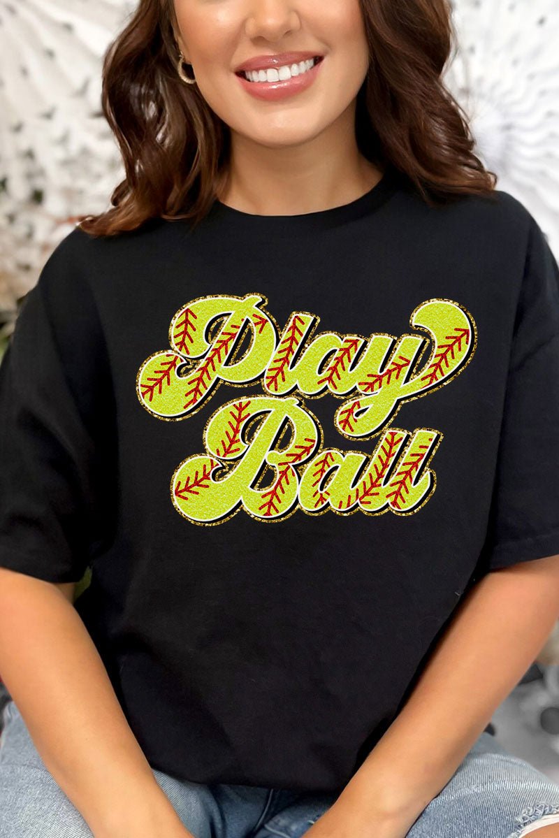 Play Ball Softball Faux Chenille Patch Transfer Short Sleeve Relaxed Fit T-Shirt - Wholesale Accessory Market