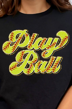 Play Ball Softball Faux Chenille Patch Transfer Short Sleeve Relaxed Fit T-Shirt - Wholesale Accessory Market