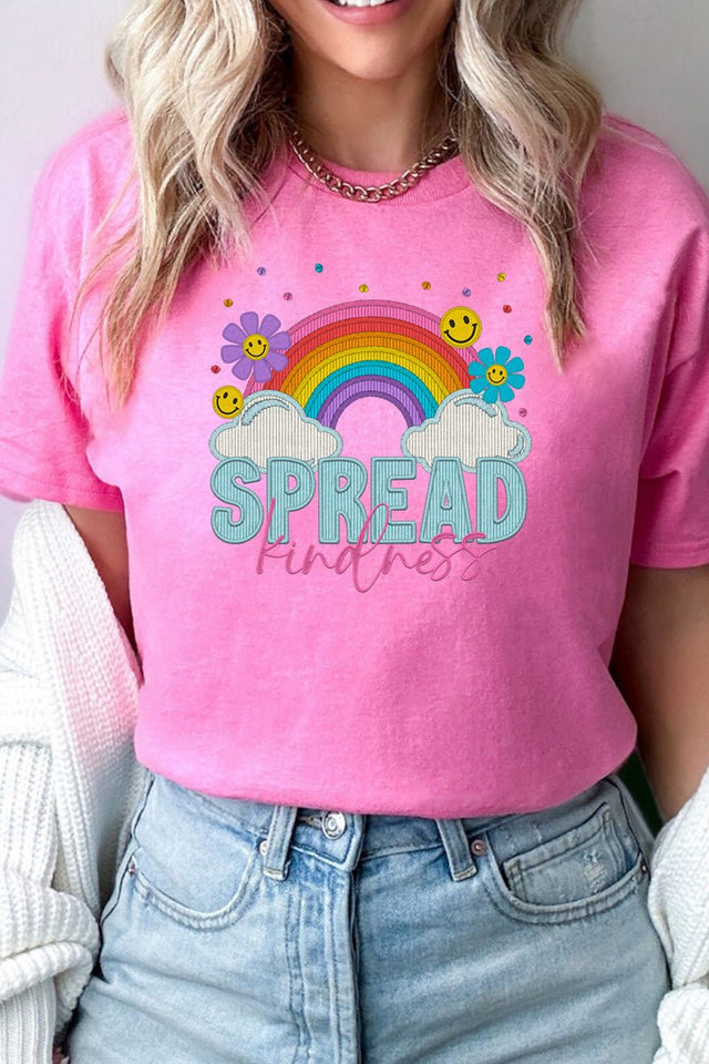 Spread Kindness Faux Embroidery Transfer Short Sleeve Relaxed Fit T-Shirt - Wholesale Accessory Market