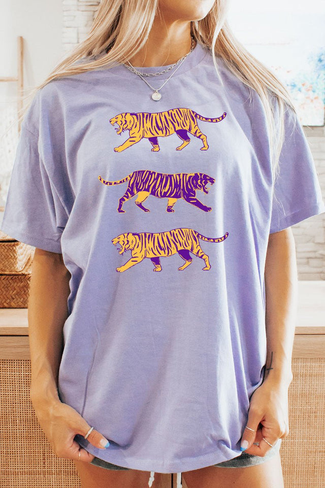 Stacked Purple Tigers Short Sleeve Relaxed Fit T-Shirt - Wholesale Accessory Market