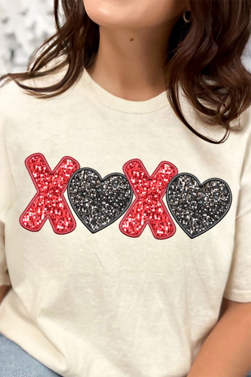 Doodle XOXO Faux Sequin Transfer Short Sleeve Relaxed Fit T-Shirt - Wholesale Accessory Market