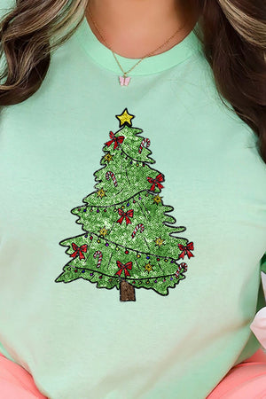 Faux Sequin Christmas Tree Transfer Short Sleeve Relaxed Fit T-Shirt - Wholesale Accessory Market