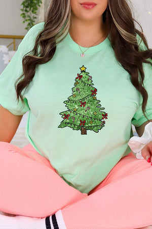 Faux Sequin Christmas Tree Transfer Short Sleeve Relaxed Fit T-Shirt - Wholesale Accessory Market