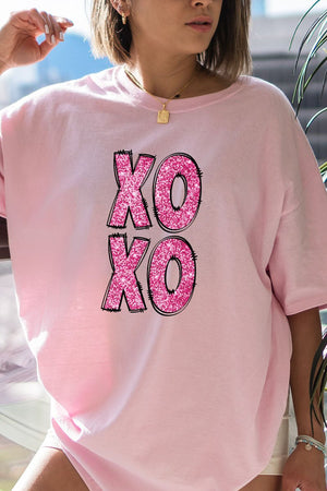 Faux Sequin Pink Stacked XOXO Transfer Short Sleeve Relaxed Fit T-Shirt - Wholesale Accessory Market