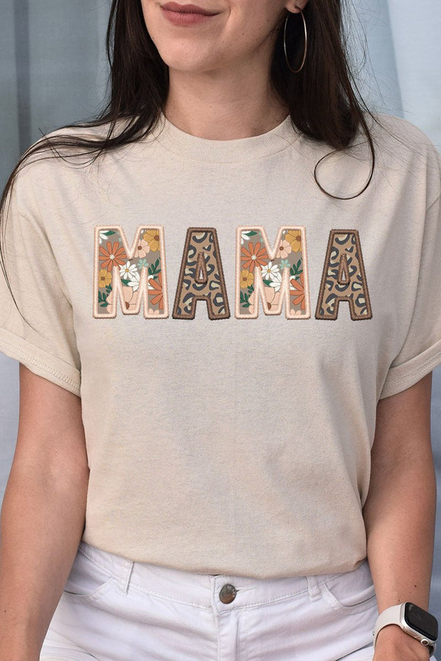 Boho Mama Faux Embroidery Transfer Short Sleeve Relaxed Fit T-Shirt - Wholesale Accessory Market