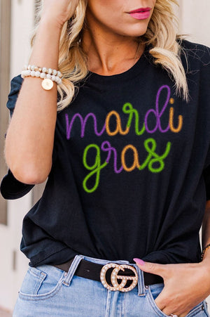 Mardi Gras Faux Tinsel Transfer Short Sleeve Relaxed Fit T-Shirt - Wholesale Accessory Market