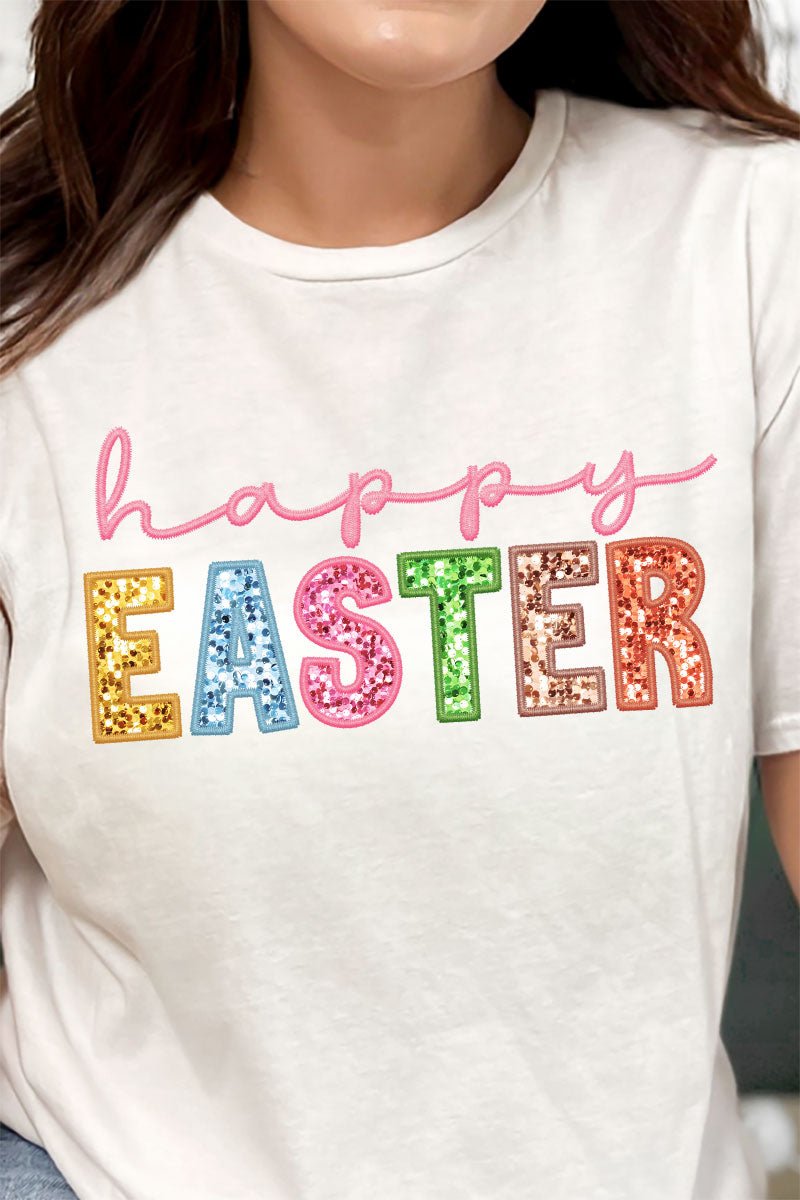 Pastel Faux Embroidery Happy Easter Transfer Short Sleeve Relaxed Fit T-Shirt - Wholesale Accessory Market