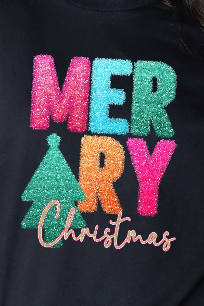 Faux Tinsel Merry Christmas Transfer Heavy Cotton Long Sleeve Adult T-Shirt - Wholesale Accessory Market