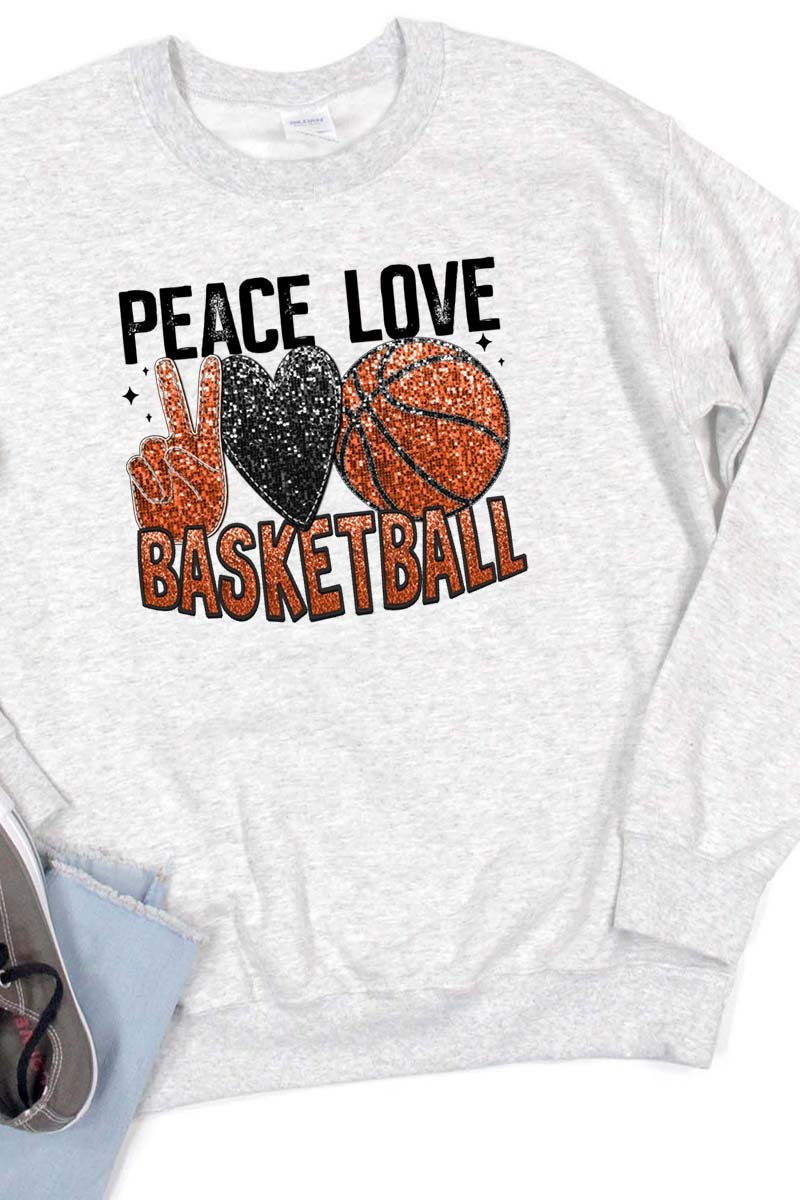 Faux Sequin Peace Love Basketball Transfer Unisex NuBlend Crew Sweatshirt - Wholesale Accessory Market