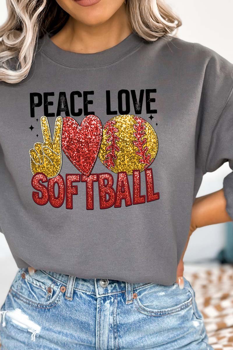 Faux Sequin Peace Love Softball Transfer Unisex NuBlend Crew Sweatshirt - Wholesale Accessory Market